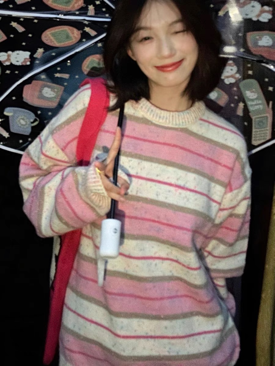 韓版小眾設計感百搭慵懶風粉色撞色條紋彩點毛衣