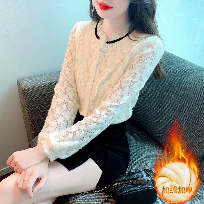 2023新款女裝蕾絲打底衫女秋冬款女上衣立領加絨加厚高端洋氣小衫