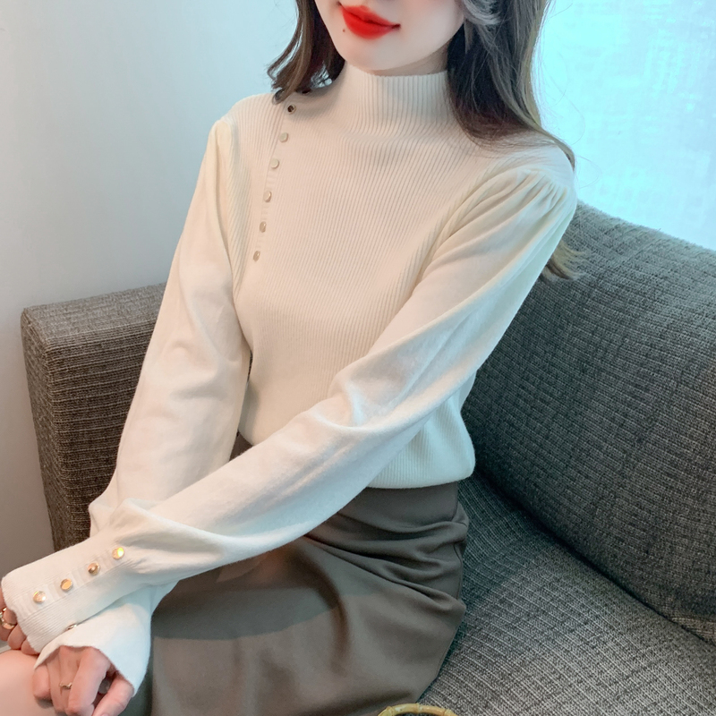 實拍2023新款韓版半高圓領設計感針織秋冬新款洋氣套頭泡泡袖上衣