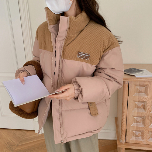 Real shot of corduroy spliced ​​cotton coat for women in winter new loose oversize cotton coat retro thickened short jacket