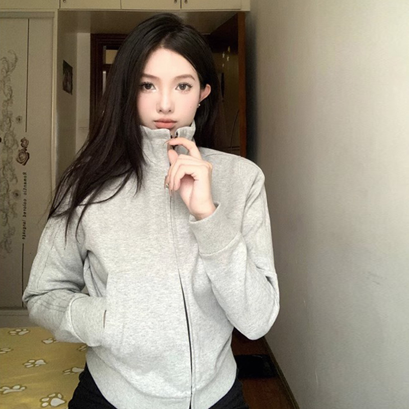 American retro gray stand-up collar zipper baseball jacket for women spring and autumn 2023 new loose flight jacket top