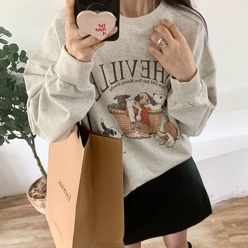 Letters simple print American round neck pullover sweatshirt for women autumn and winter loose off-shoulder long-sleeved top