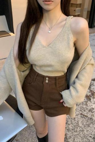 Real shot Autumn pure desire style lazy soft waxy suspender knitted cardigan two-piece set mid-length sweater jacket