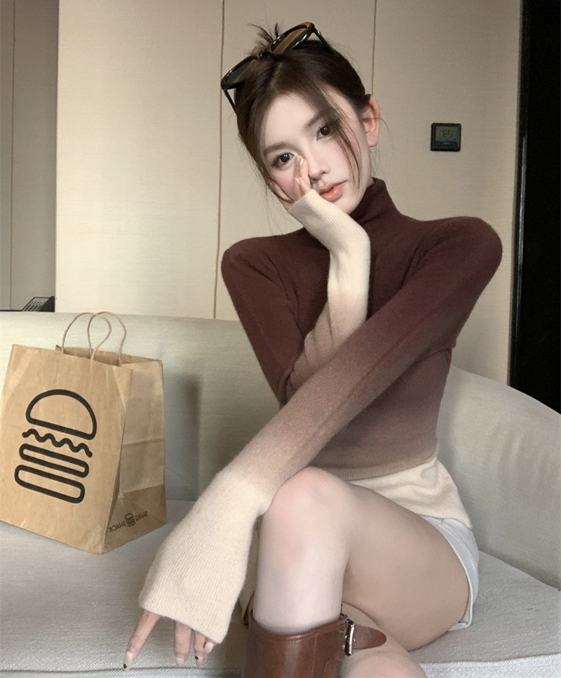 實拍 秋冬設計感修身顯瘦長袖漸變色高領打底針織衫上衣女
