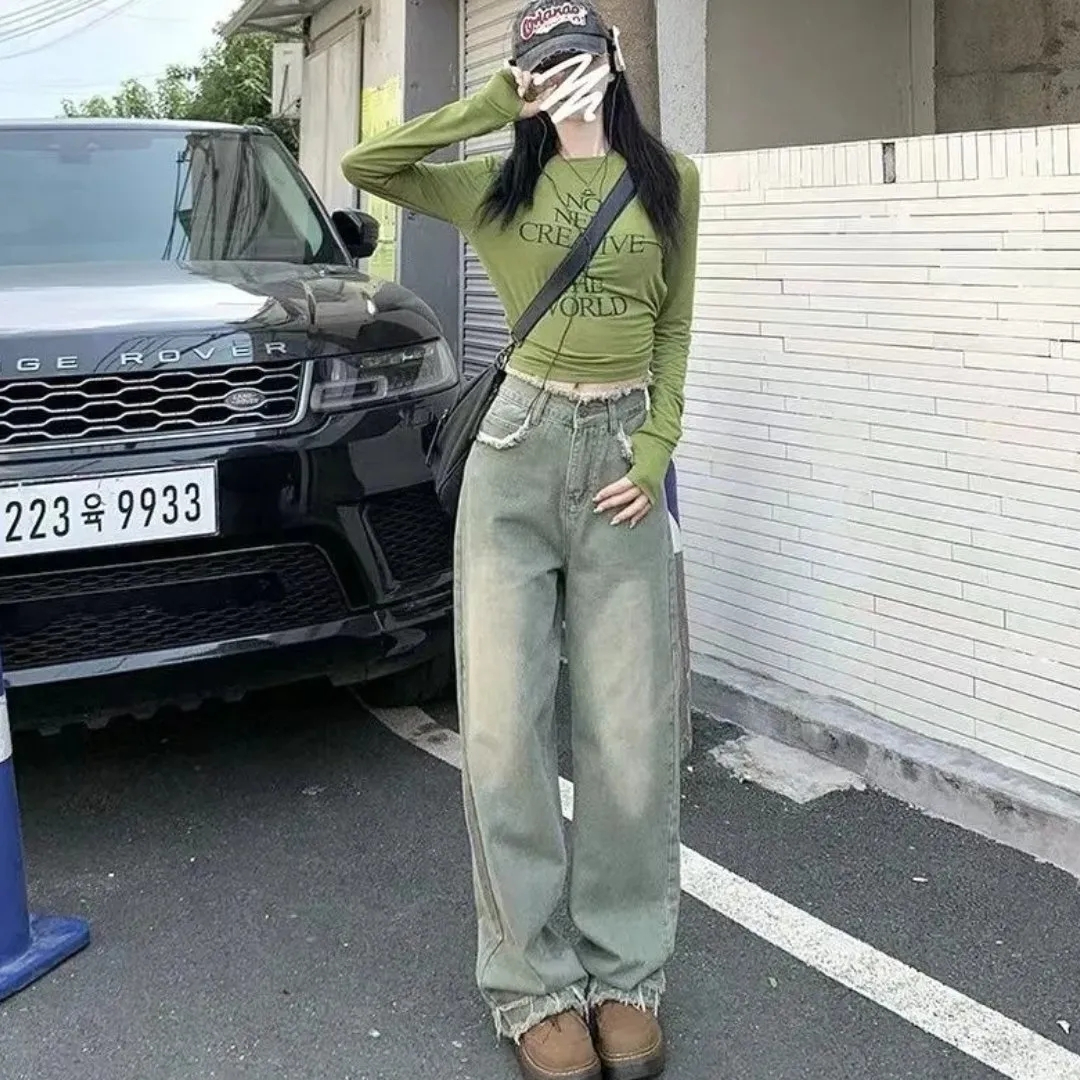 復古做舊淺色闊腿牛仔褲女高街設計感毛邊寬鬆顯瘦垂感直筒拖地褲