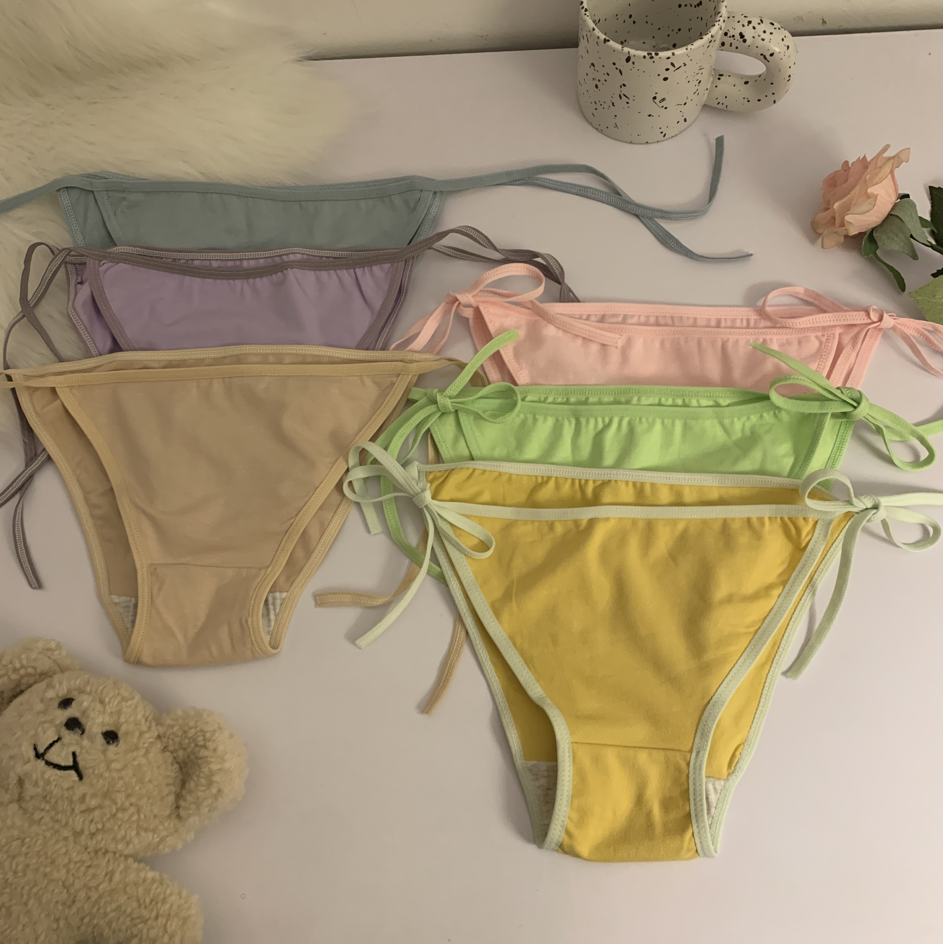 Actual shot of Japanese strappy thong girl underwear candy color pure cotton crotch briefs 3 pack