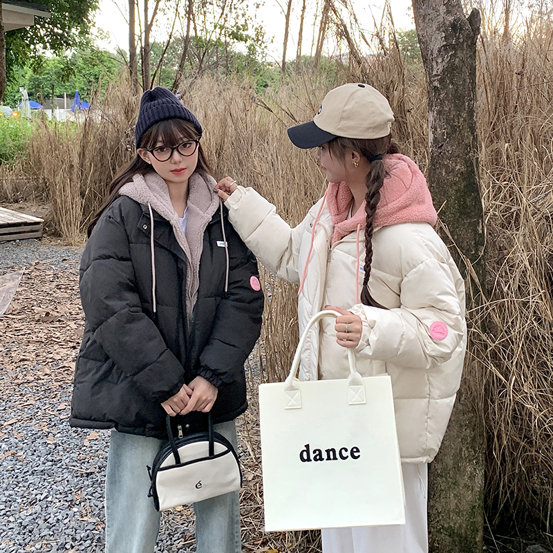 Real shot of lamb wool splicing fake two-piece thickened hooded down cotton coat for women 2023 new couple cotton coat jacket