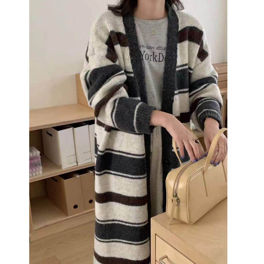 Korean version 2023 autumn new Korean Dongdaemun personalized striped knitted casual lazy style long cardigan jacket