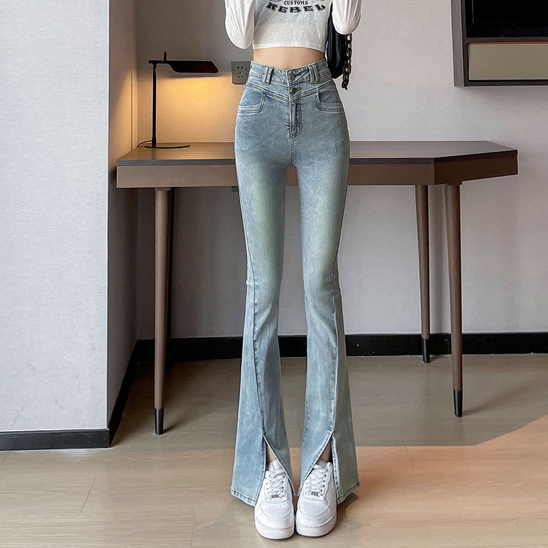 實拍2023秋季時尚潮流修身微喇美式復古開叉牛仔褲女