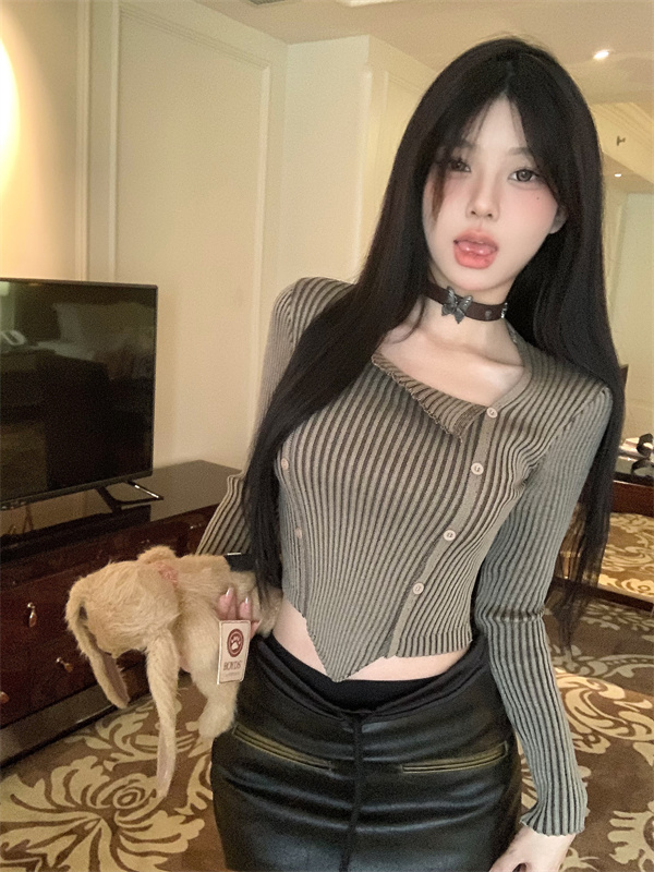 實拍 百搭時尚韓版不規則坑條毛衣+秋冬辣妹百褶半身皮短裙女