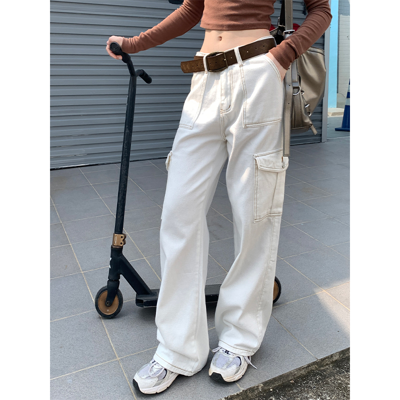 Real shot of retro high-waisted straight denim overalls for women in autumn, loose and slim, large trousers and drapey casual pants