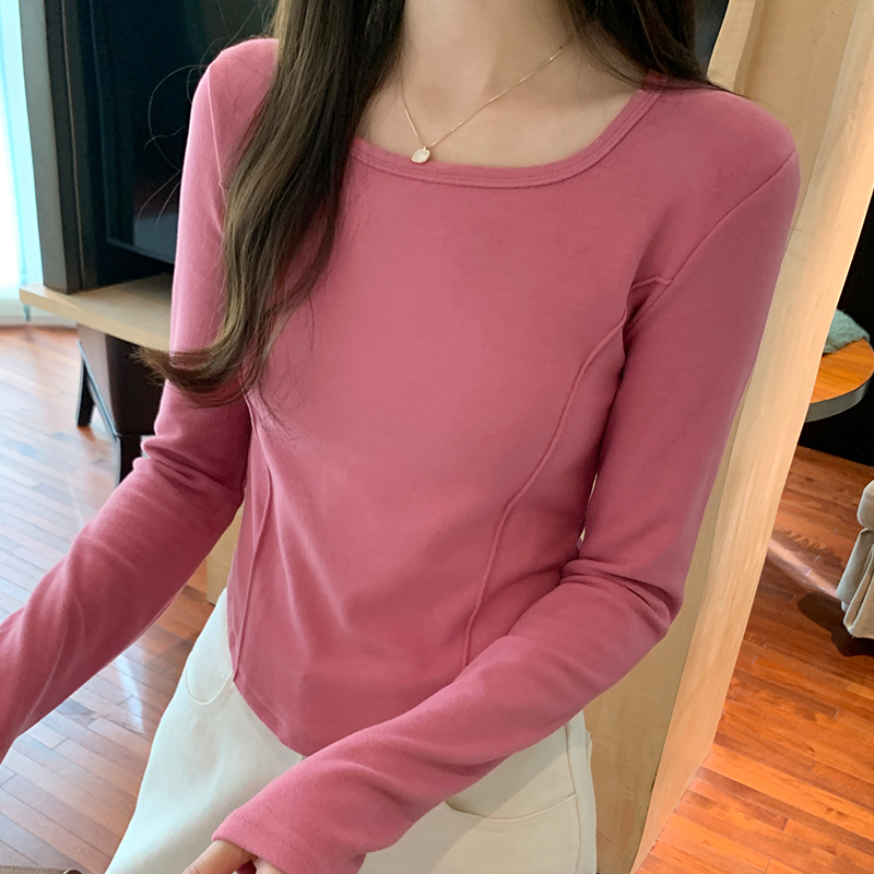 實拍圖U領正肩長袖T恤女秋季2023新款小個子修身顯瘦打底短款上衣