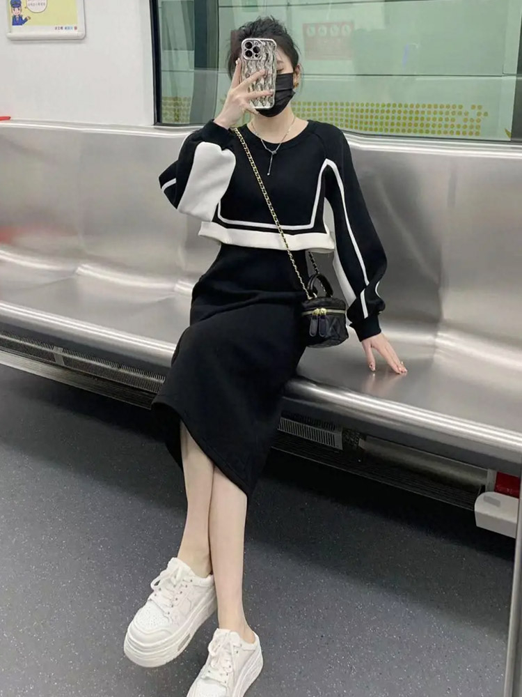 秋季新款黑白撞色減齡連衣裙女設計感氣質收腰顯瘦假兩件小黑裙子