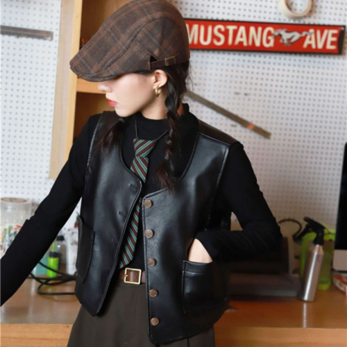  autumn new style single-breasted pu leather vest short round neck vest jacket women's top retro waistcoat