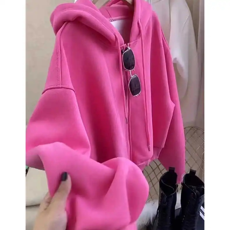 Dragon fruit color short hooded velvet sweatshirt for women small fashion street style loose and versatile jacket 2023 autumn and winter