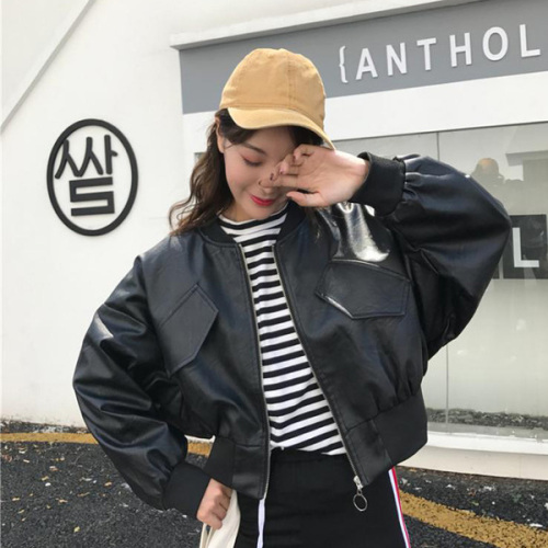 Spring and autumn new black Harajuku style motorcycle pu leather jacket Korean style baseball uniform short student jacket for women