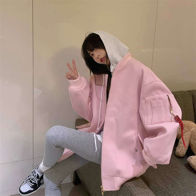 Actual shot of new autumn and winter Korean style loose thickened woolen baseball jacket