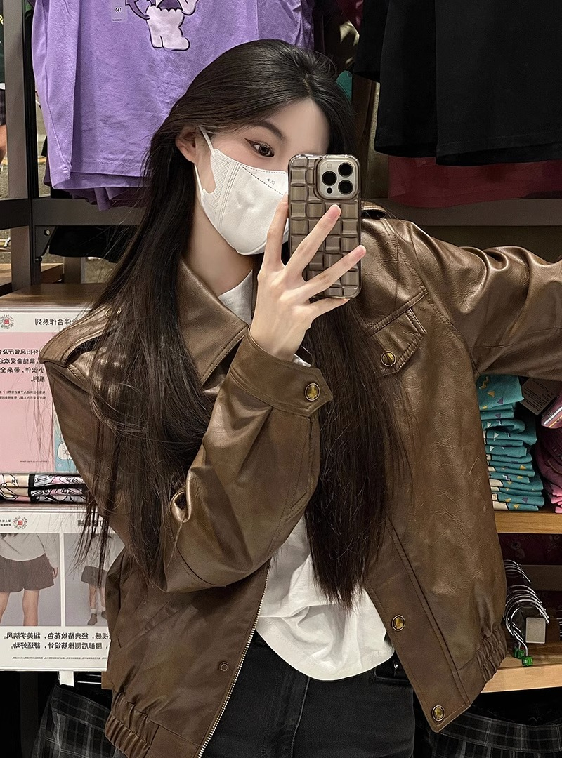 2023新款咖色pu皮夾克女春秋寬鬆高級感氣質休閒百搭開衫短外套潮