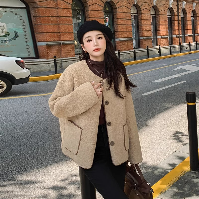 原版做工法式羊羔毛外套女秋冬季2023年新款設計感小個子棉服