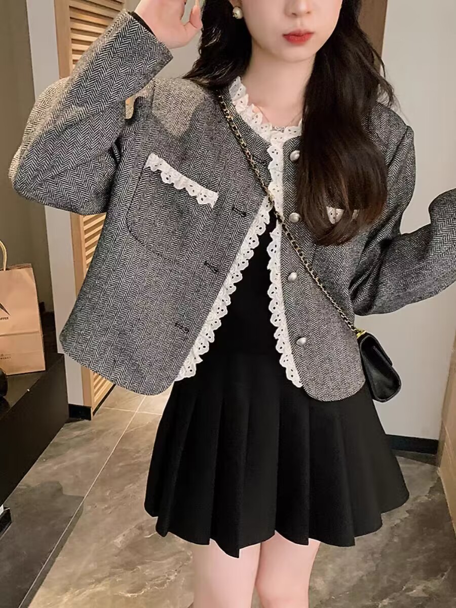 10/14 10點 小香風花邊撞色拼接寬鬆外套甜美減齡精緻少女秋上衣