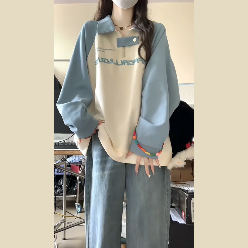 American style raglan polo collar sweatshirt for women spring and autumn 2023 new style small oversize trendy top