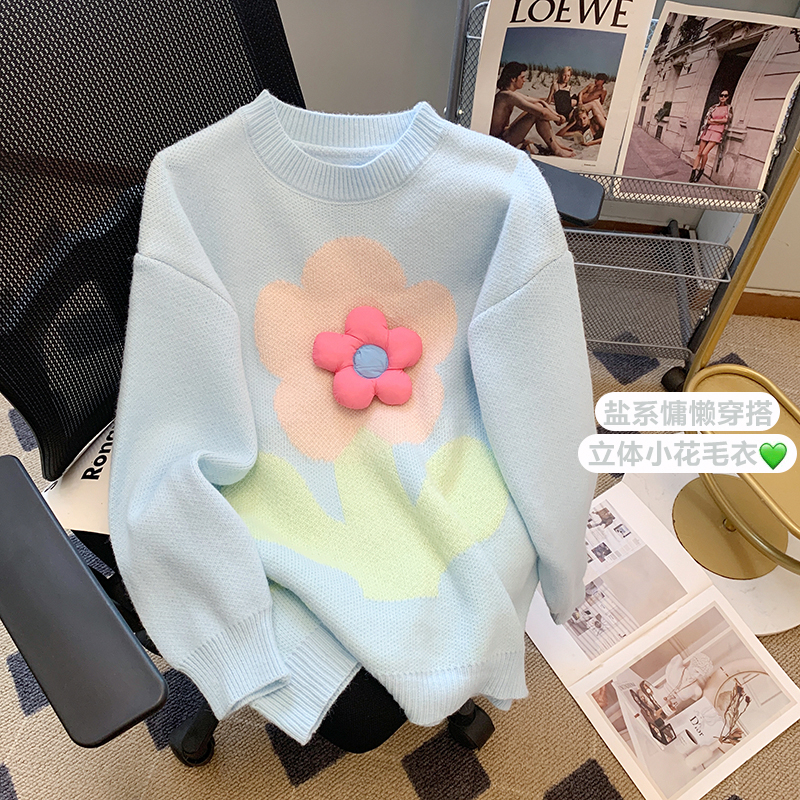 甜美溫柔風立體花朵圓領毛衣女秋冬加厚外穿寬鬆慵懶針織衫上衣
