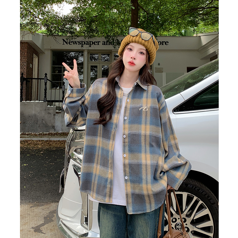 實拍  韓系復古格子襯衫女長袖襯衣外套寬鬆休閒上衣