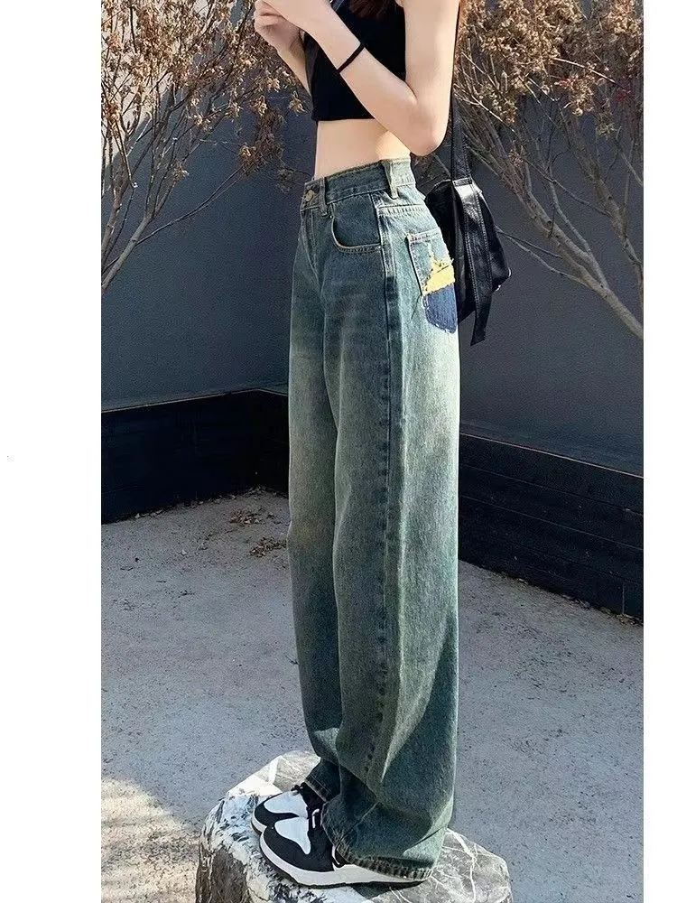 復古高腰闊腿牛仔褲女高街美式2023新款秋裝顯瘦寬鬆拖地直筒褲子