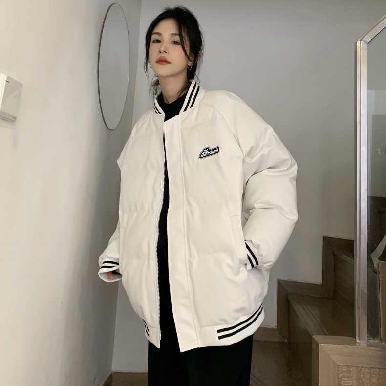 美式復古高級感PU皮棉服男女冬季寬鬆加厚棒球服bf風情侶夾克外套
