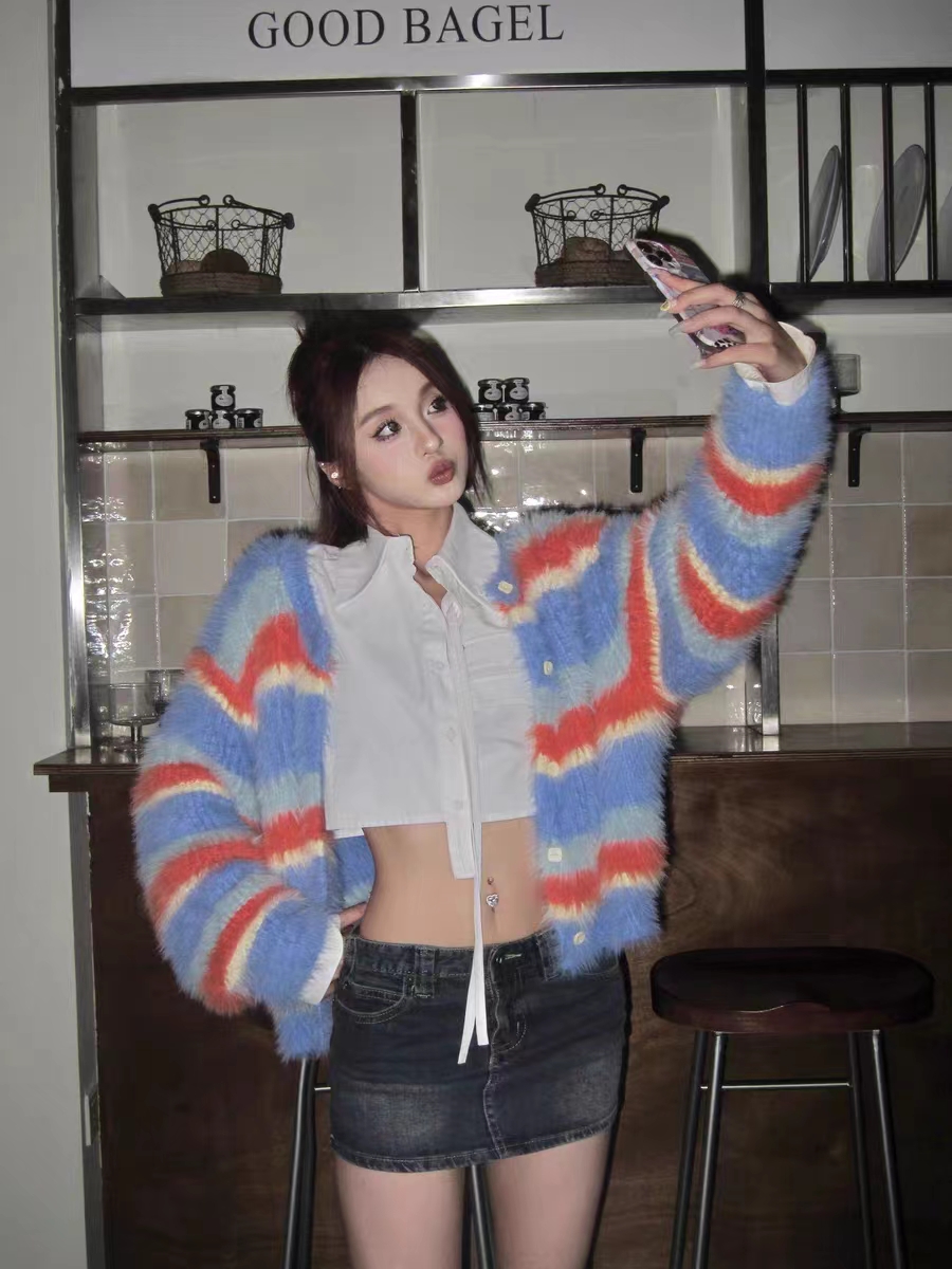 Dopamine Wear College Style Contrast Color Striped Sweater Women's Autumn and Winter Imitation Mink Fur Design Sweater Top Jacket