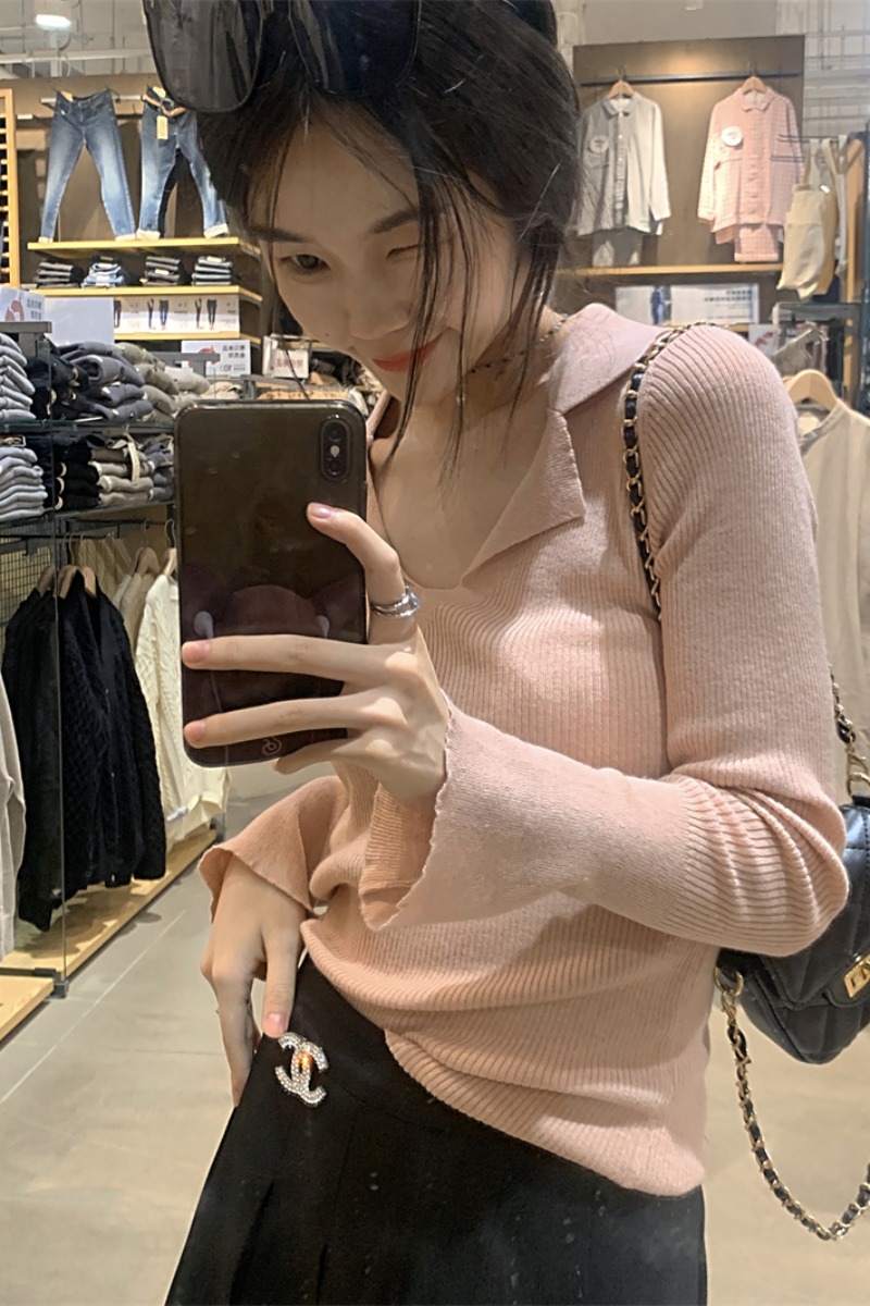 Niche slim fit inner pink long-sleeved sweater for women autumn and winter design sweater slimming bottoming shirt ins top