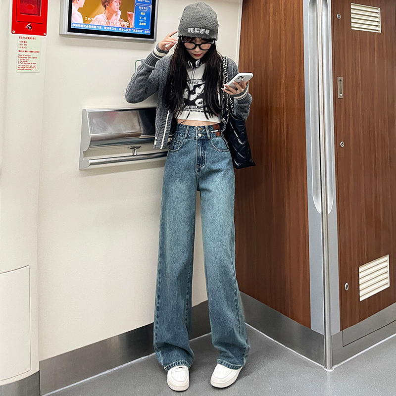 實拍2023秋冬時尚雙扣加絨加厚直筒休閒高腰牛仔褲女