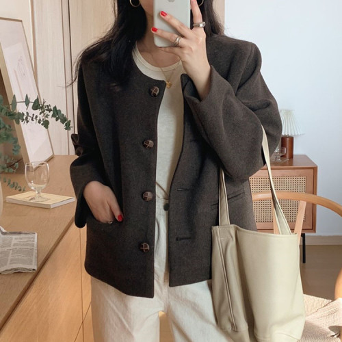 Single-breasted round neck woolen short jacket for women  autumn and winter Korean style small woolen suit top large size