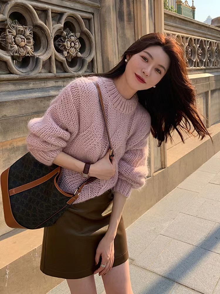 慵懶風麻花毛衣女冬韓式溫柔上衣長袖寬鬆顯瘦圓領套頭針織打底衫