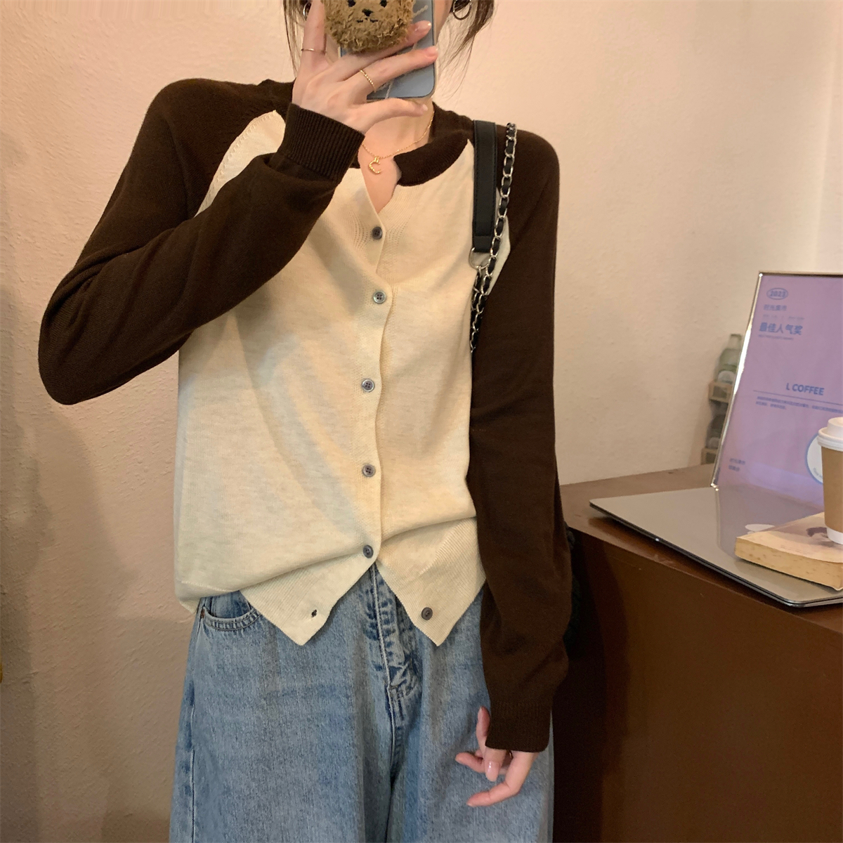 實拍 秋冬韓版寬鬆半開領插肩撞色顯瘦針織內搭開衫毛衣外套