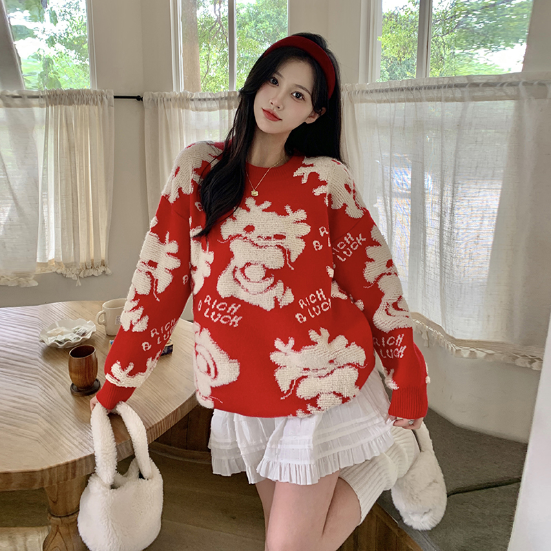 實拍~2023大碼女裝網紅立體卡通針織毛衣胖mm外出百搭長袖毛衣