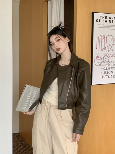 Real shot of autumn and winter new design high-end retro coffee color pu leather suit leather jacket short style