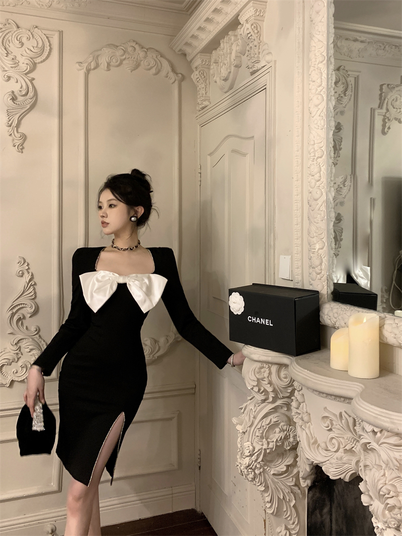 Actual shot ~ Celebrity elegant bow French Hepburn style feminine temperament slim hip-covering dress