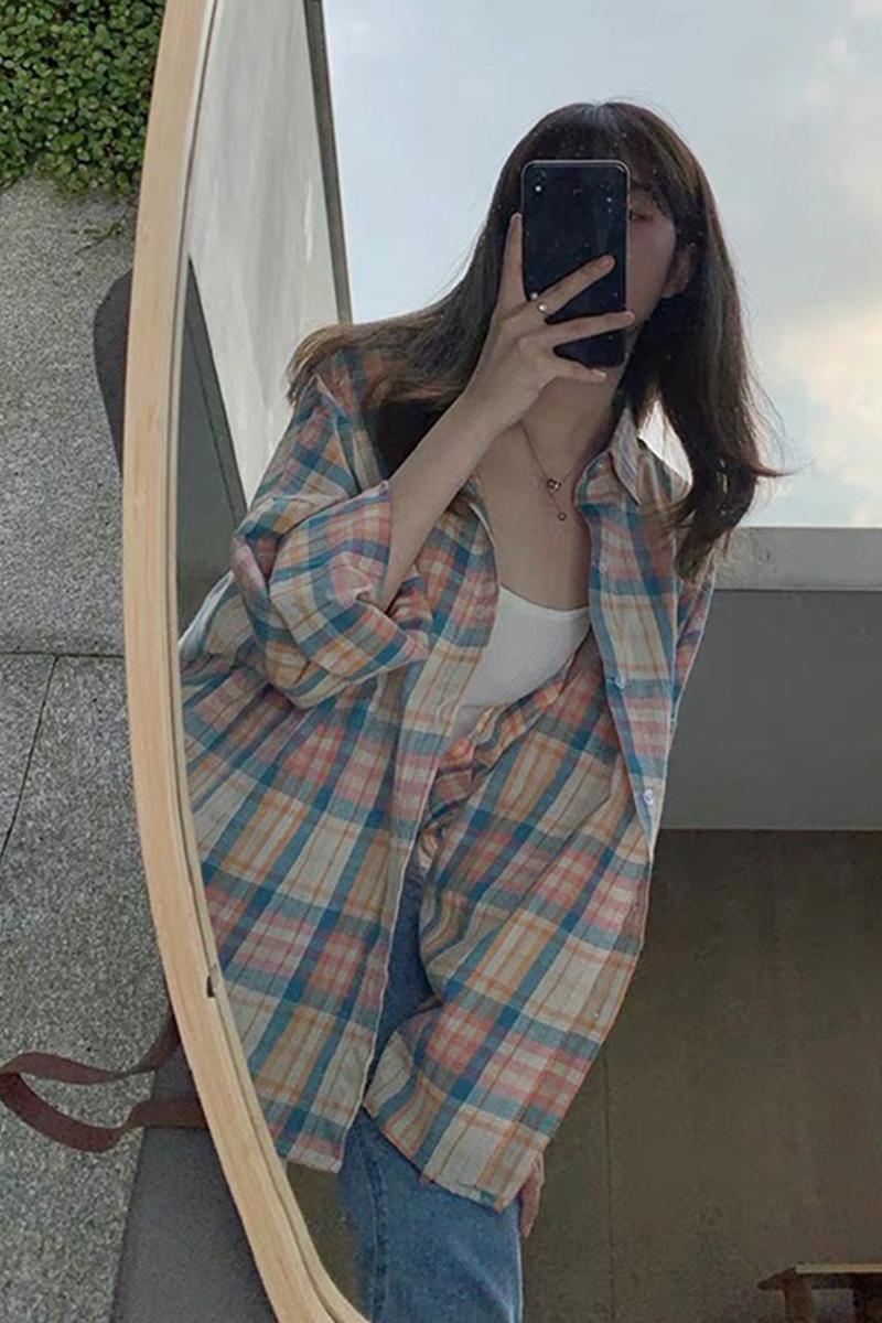 格子襯衫女春秋2023新款大碼寬鬆港味復古外穿長袖防曬上衣外套夏
