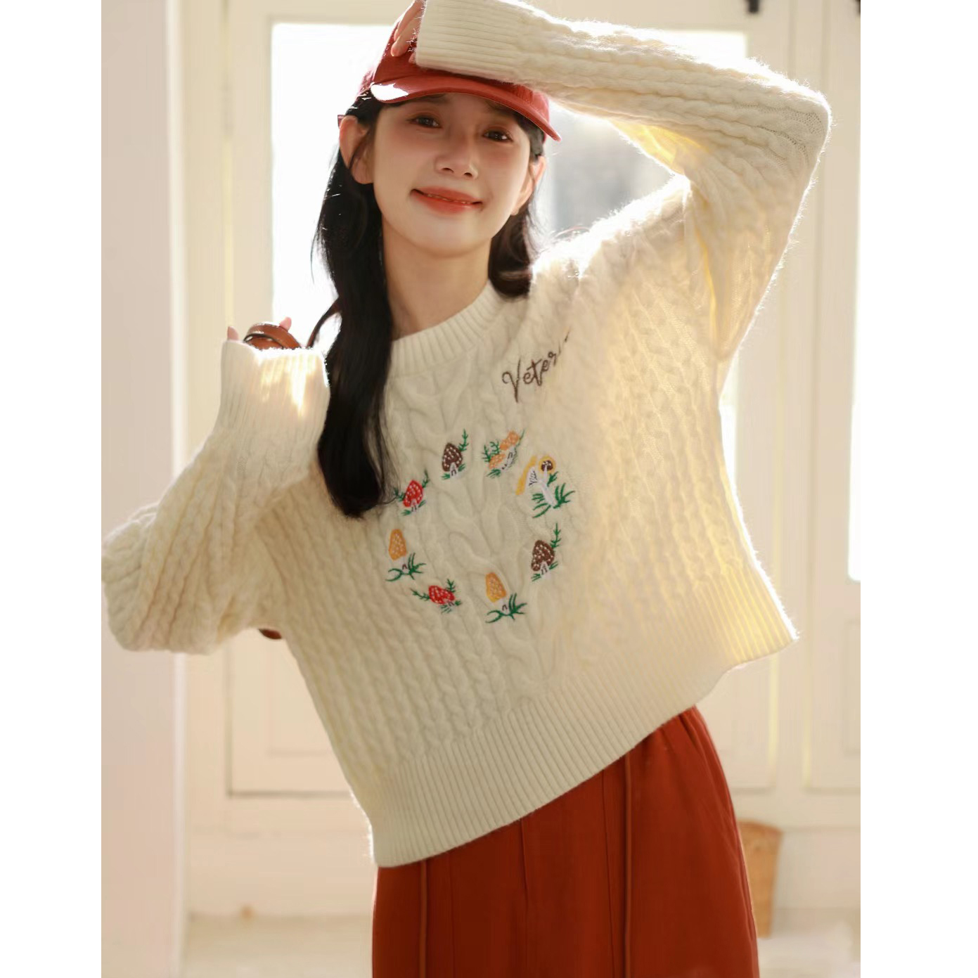 花朵刺繡軟糯麻花毛衣女短款秋冬2023新款小個子奶系甜美針織上衣