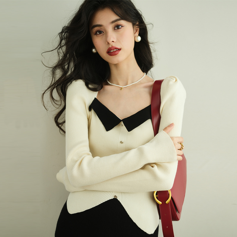 氣質方領撞色女秋冬季新款設計感小眾修身短款打底衫長袖百搭上衣