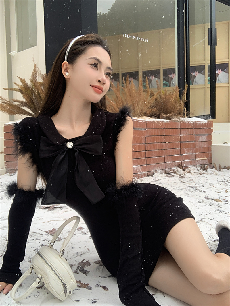 實拍 盧浮宮秘密 甜美千金風毛絨針織連衣裙+袖套