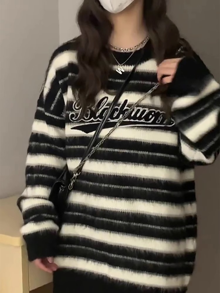 國潮軟糯糯條紋毛衣女小眾設計感秋冬慵懶風寬鬆港味復古chic上衣