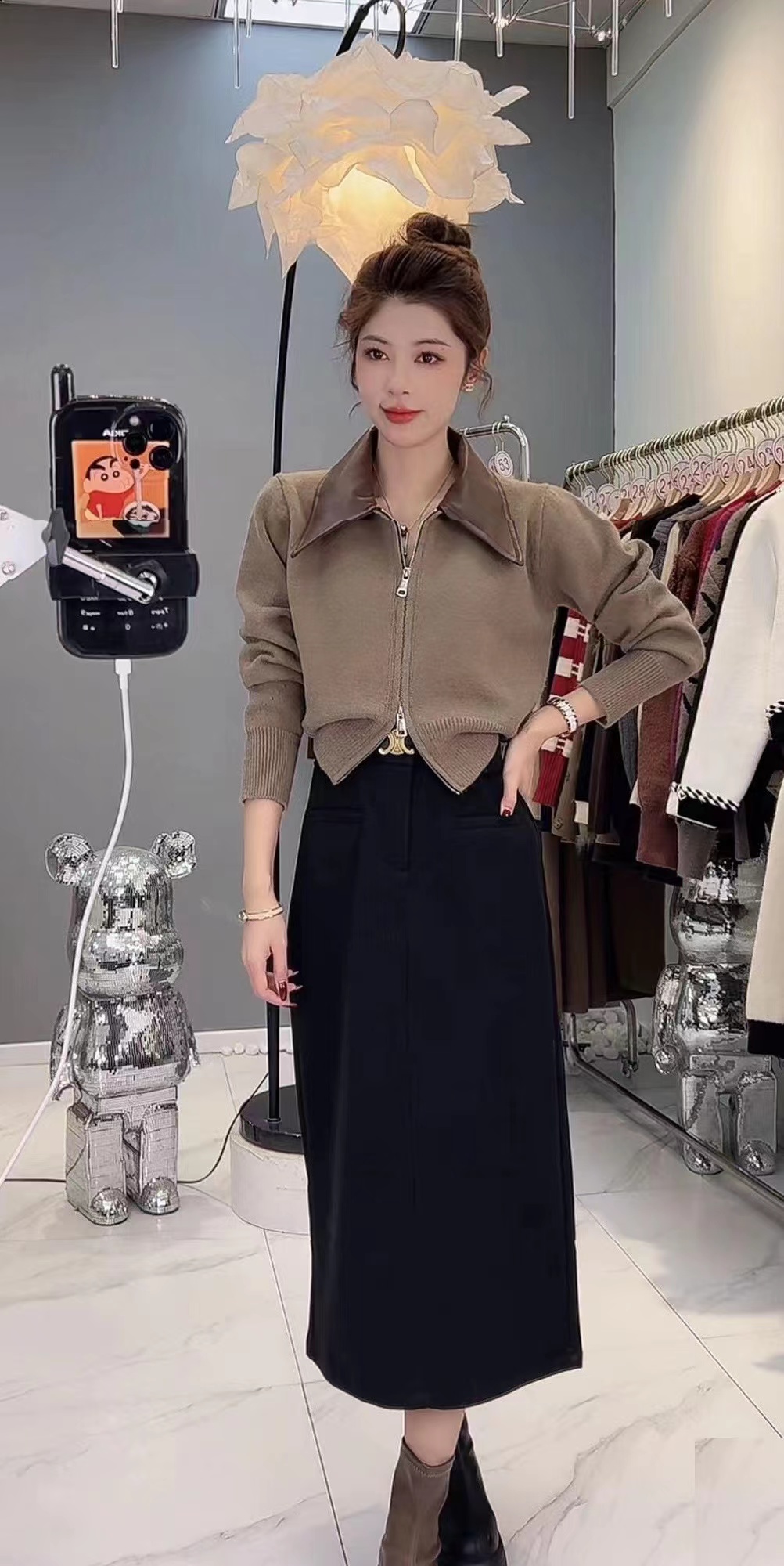 小香風雙拉鏈拼接皮翻領針織開衫女秋冬季寬鬆顯瘦浣熊絨毛衣外套