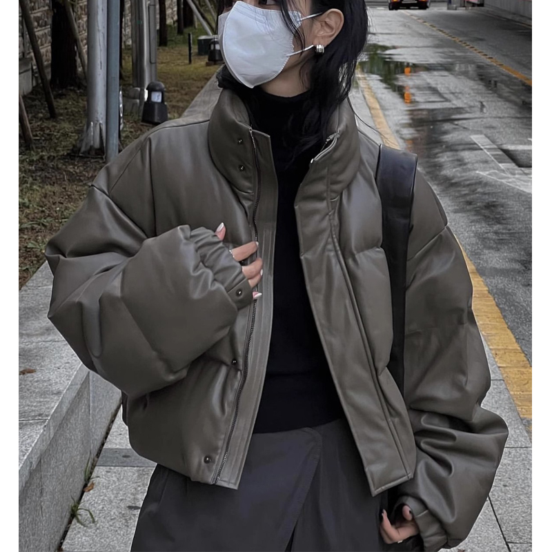European and American short down jacket for women 2023 winter loose slimming thickened PU leather small man bread coat cotton jacket