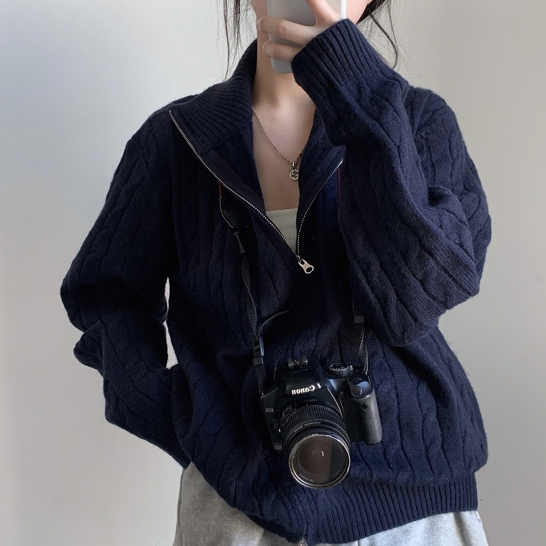 韓國chic秋冬復古立領雙頭拉鏈毛衣外套女寬鬆慵懶針織開衫