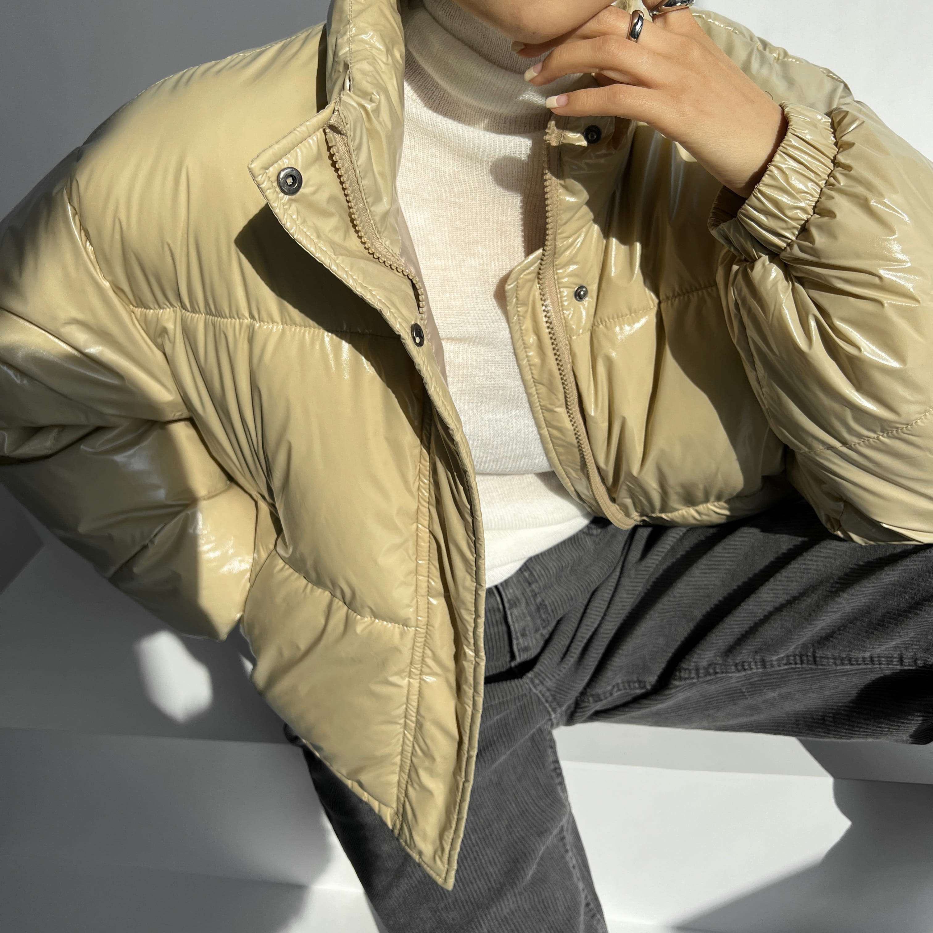 韓國chic 秋冬 光面寬鬆小高領 麵包服棉服棉衣