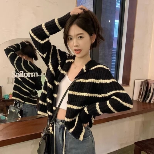 Black and white striped hooded knitted cardigan sweater for women  new autumn and winter casual tops and jackets for women ins trend