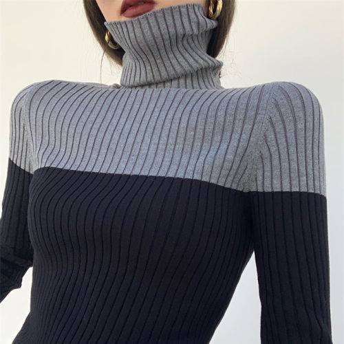 Colorblock knitted women's turtleneck inner long-sleeved sweater autumn and winter tight slimming Korean version versatile casual top core-spun yarn