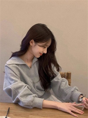 Pure cotton Chinese cotton composite milk silk gray lapel long-sleeved sweatshirt for women spring and autumn thin loose short pullover